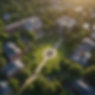 Aerial view of a college campus surrounded by lush greenery