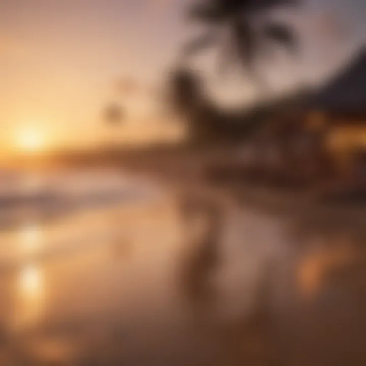 A scenic beach at sunset with travelers enjoying a peaceful New Year celebration.