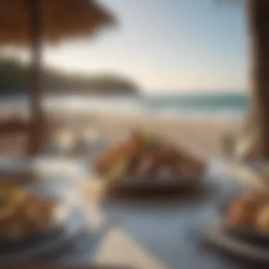 Exquisite Beach Dining Experience Exquisite dining setup on the beach, featuring gourmet dishes and elegant decor.