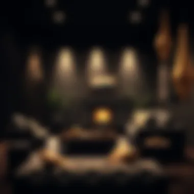 Lighting that Enhances Atmosphere Soft lighting accentuating the black and brown color scheme in a cozy living space