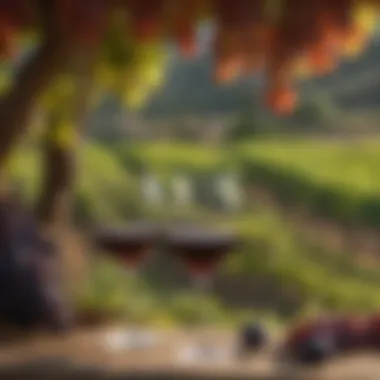 Artistic shot of wine glasses filled with rich red wine against a backdrop of grapevines