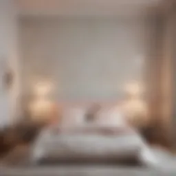 A serene bedroom adorned with soft pastel wallpaper.