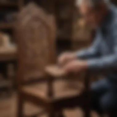 Master craftsman carving intricate details on a wooden chair