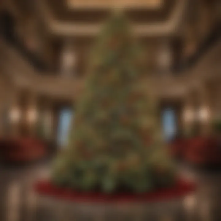 Lavishly decorated Christmas tree in an opulent hotel lobby