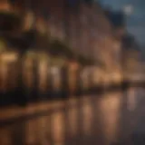 A picturesque street in a historic city adorned with Christmas lights.