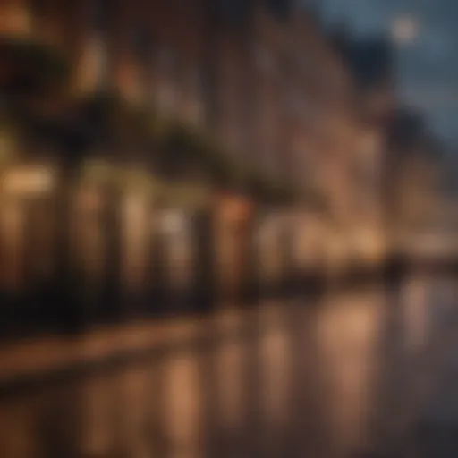 A picturesque street in a historic city adorned with Christmas lights.
