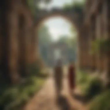 Cultural Exploration Amidst History Couple exploring ancient ruins surrounded by lush greenery