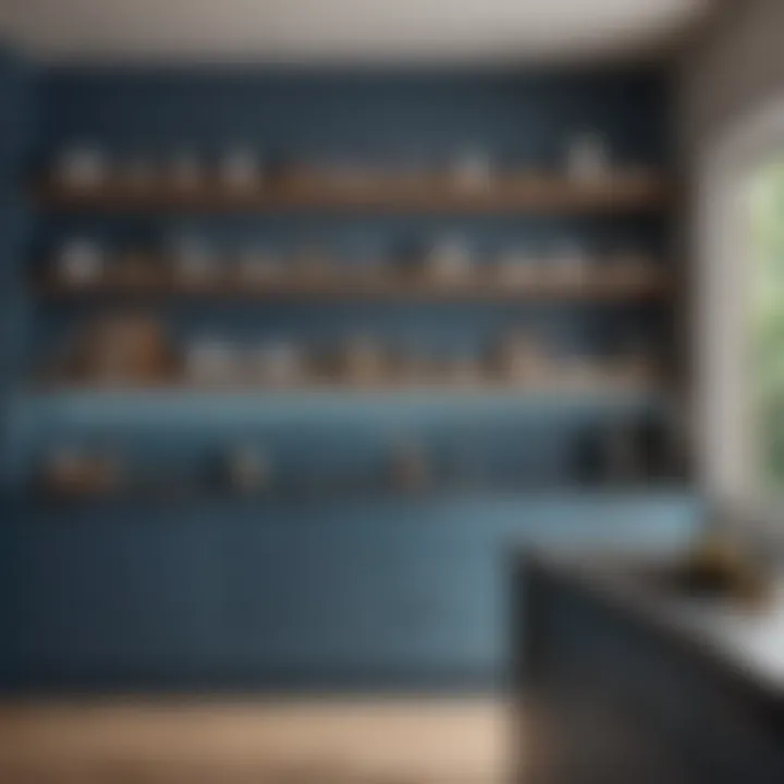 Blue kitchen cabinets with open shelving for a contemporary look