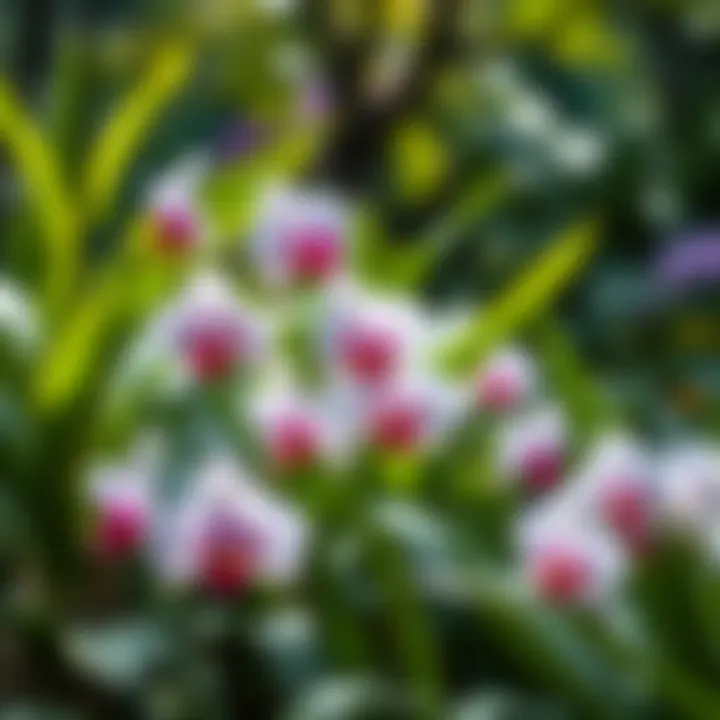 A tranquil setting in the Bronx Botanical Garden with orchids surrounded by lush greenery.