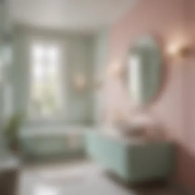 An elegant bathroom showcasing pastel colors and ambient lighting