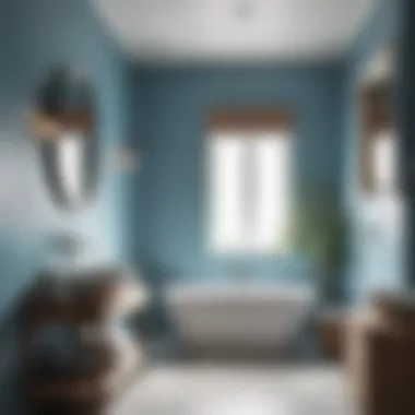 A serene bathroom featuring soft blue tones and natural materials