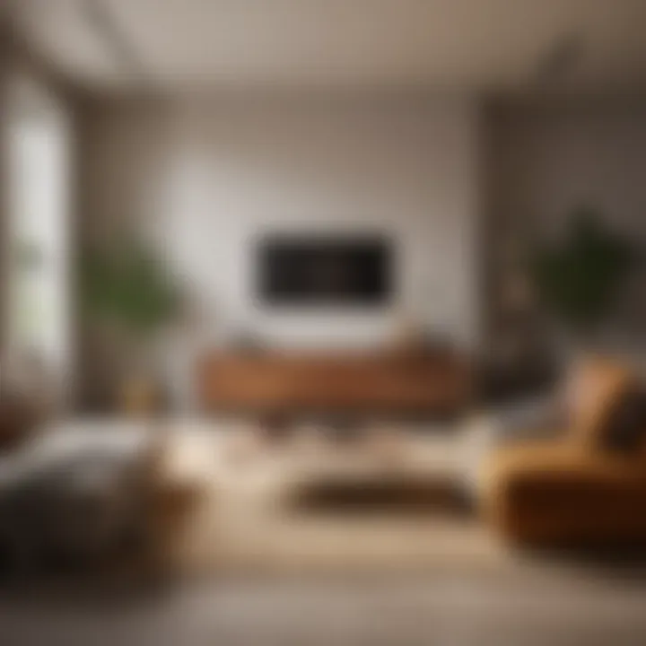 A minimalist living room with earthy tones and warm accents