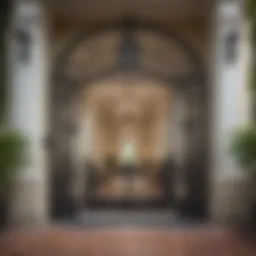 A grand entrance of a historic Charleston mansion with intricate ironwork