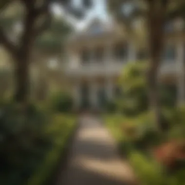 A beautifully landscaped garden surrounding a stately mansion