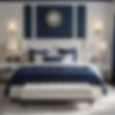 Sophisticated Contrast of Navy Blue in a White Setting Chic White Bedroom with Navy Blue Accents
