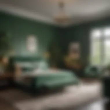 An elegant bedroom showcasing deep green accents that embody sophistication and nature.