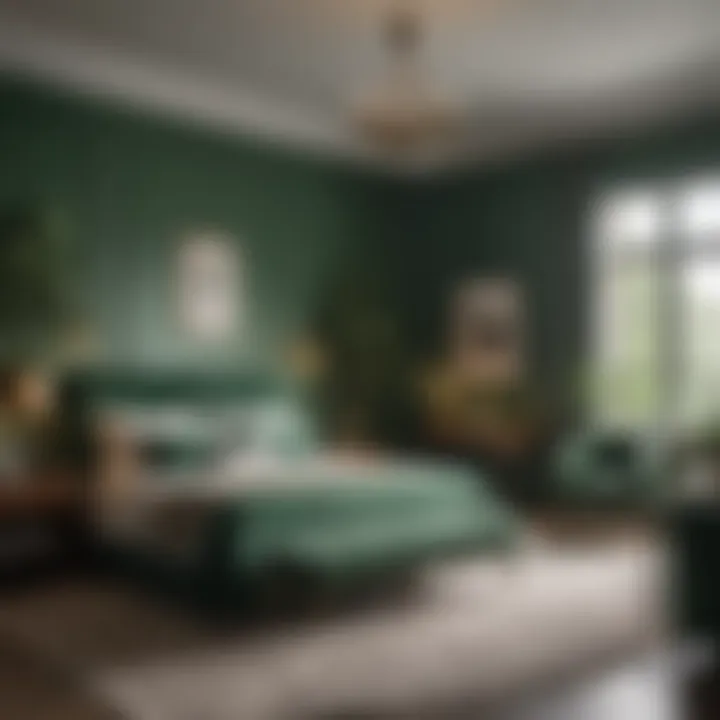 An elegant bedroom showcasing deep green accents that embody sophistication and nature.