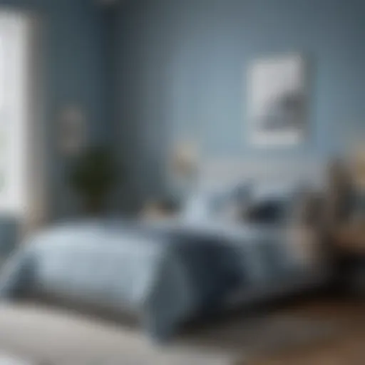 A serene bedroom painted in soft blue tones that evoke calmness and tranquility.