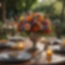 Elegant floral centerpiece on a luxurious outdoor dining table