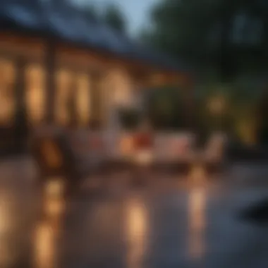 Patio Ambiance Enhancement Outdoor solar light casting a warm glow on stylish patio furniture