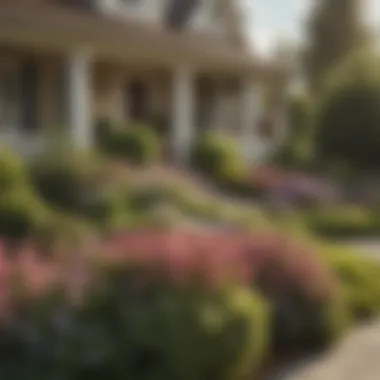 A serene front yard showcasing a variety of carefully selected flower bushes