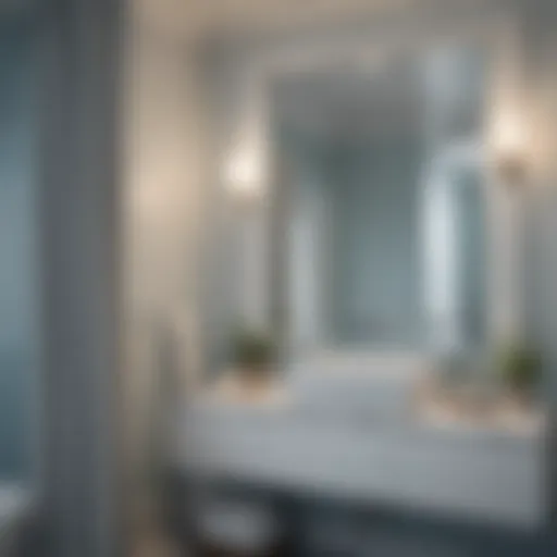 A sophisticated bathroom showcasing a serene color palette with soft blues and whites.