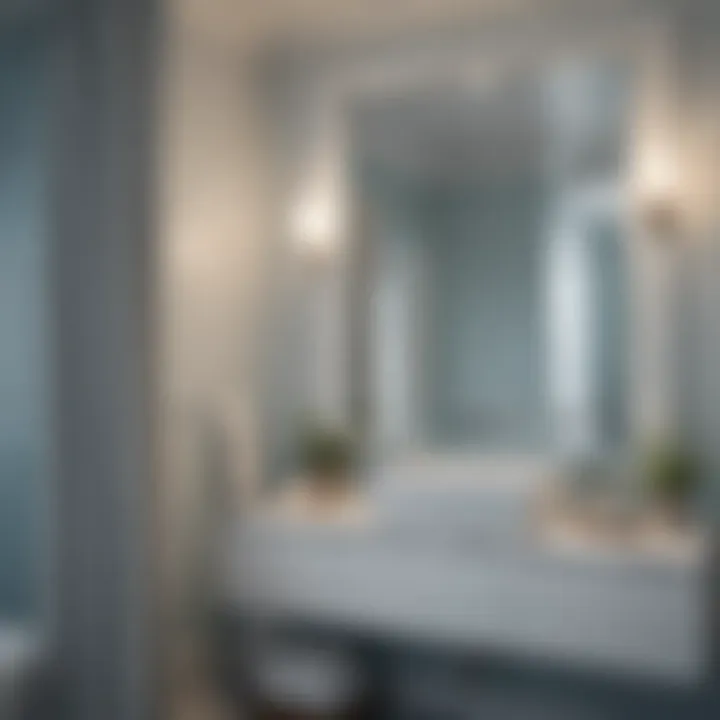 A sophisticated bathroom showcasing a serene color palette with soft blues and whites.