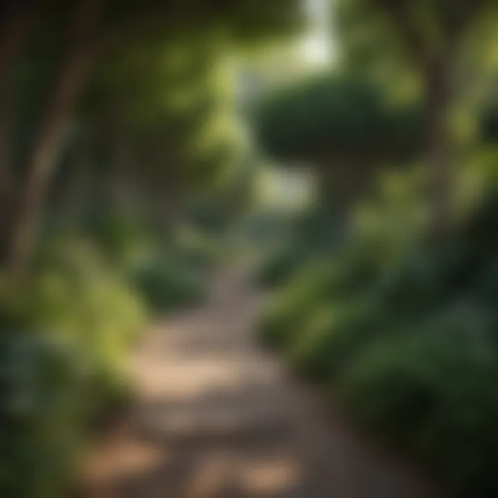 A serene garden path surrounded by shade-loving plants