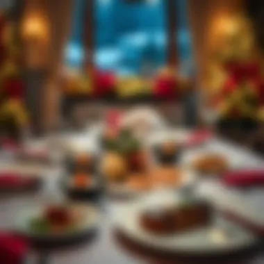 An elegant dining setup featuring gourmet holiday dishes and festive decor