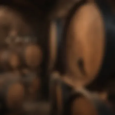 Close-up of wine barrels in a dimly lit cellar