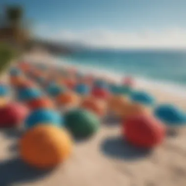 Colorful beach umbrellas lining the shore under blue skies