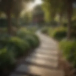 A beautifully designed outdoor landscape featuring diverse plant life and elegant pathways.