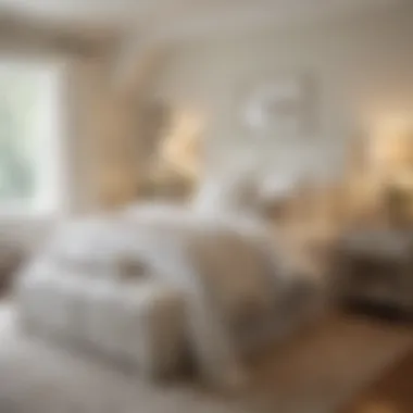 Cozy bedroom featuring cottage white paint and plush bedding