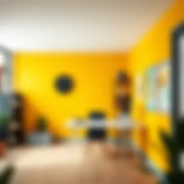 Energizing Yellow Accent Wall in Workspace Vibrant workspace featuring an energizing yellow accent wall