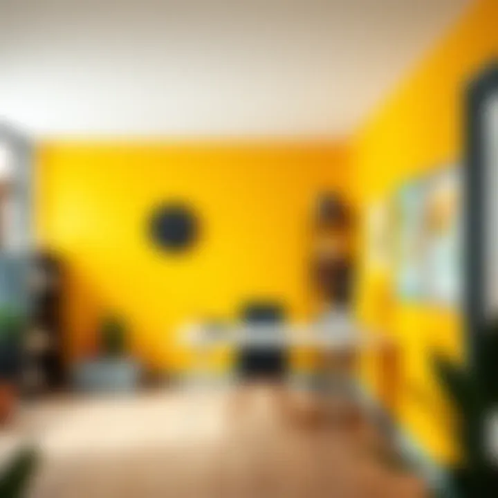 Energizing Yellow Accent Wall in Workspace Vibrant workspace featuring an energizing yellow accent wall