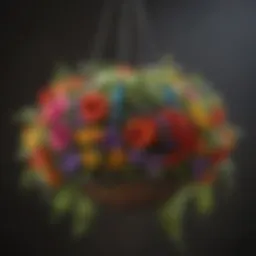 Colorful hanging basket filled with nectar-rich flowers attracting hummingbirds