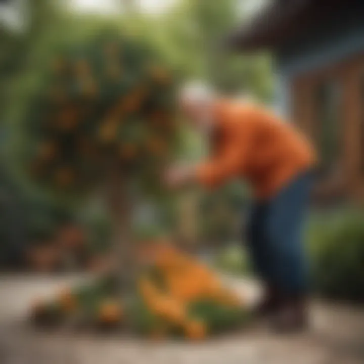 A person tending to a dwarf mandarin tree in a home garden.