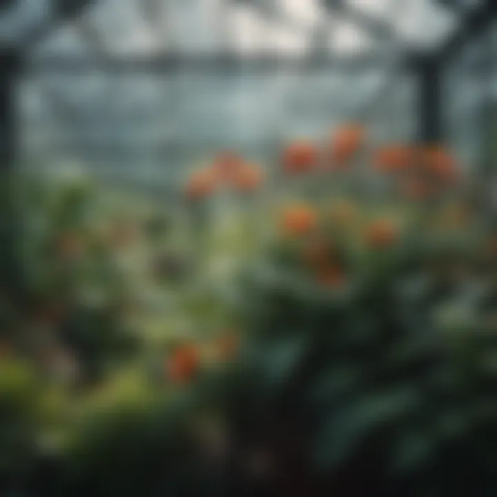 A serene greenhouse scene with plants flourishing in a well-maintained environment.