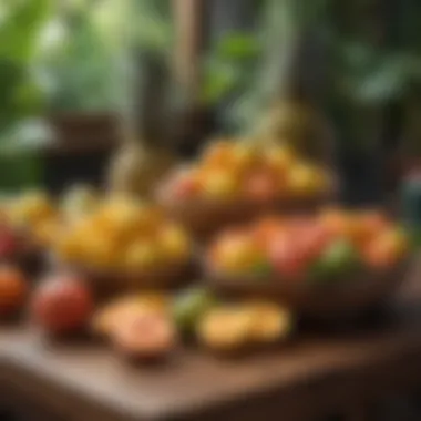 A selection of tropical fruits like mangoes, pineapples, and papayas displayed on a wooden table