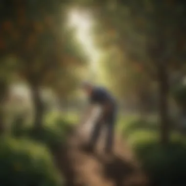 Caring for Small Fruit Trees Gardener tending to small fruit trees with care