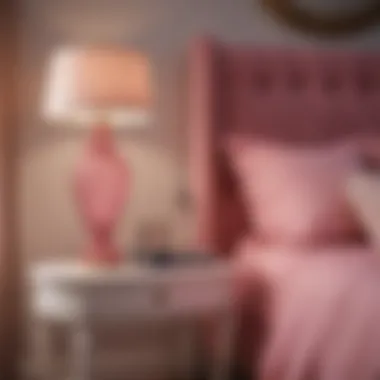 An arrangement of pink decorative accessories and furniture in a cozy bedroom setting.