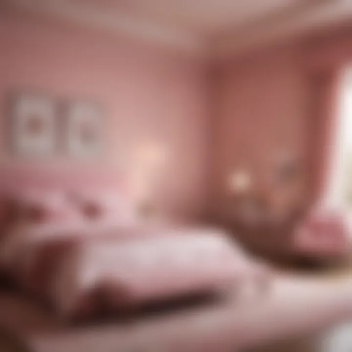 A serene pink-themed bedroom illuminated with soft lighting and elegant decor.