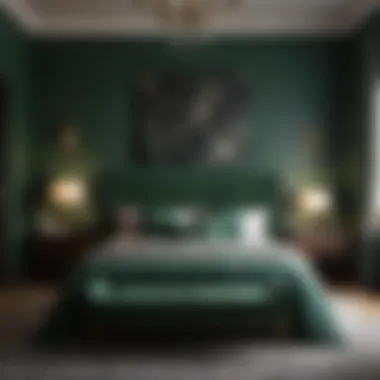 Sophisticated bedroom with dark green accents and textures