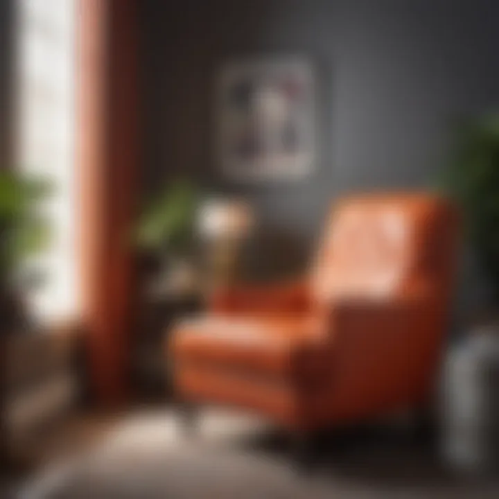Sophisticated leather accent chair with a pop of color in a stylish reading nook