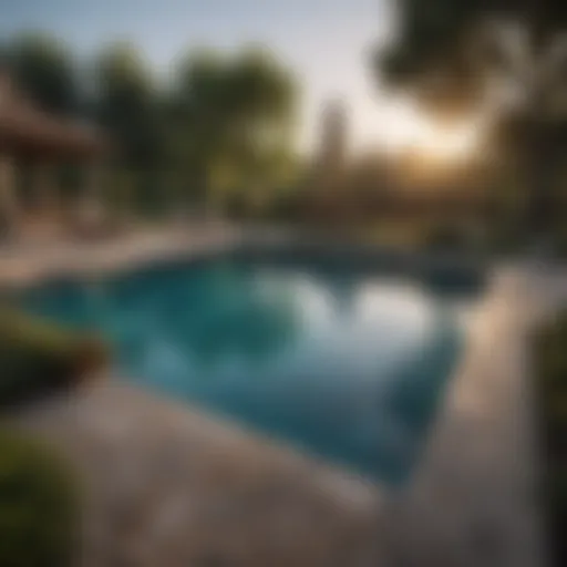 A luxurious backyard water pool with elegant landscaping