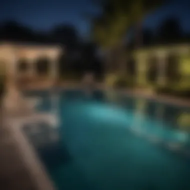 An inviting nighttime view of a beautifully lit water pool