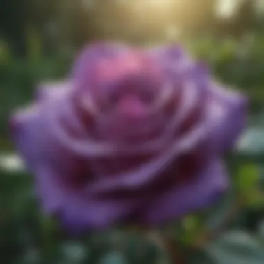 Purple rose with dew drops in a garden