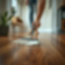 A person dusting hardwood floors with a microfiber cloth