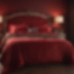 Luxurious crimson velvet bedding on red bedroom wall background
