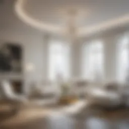 Elegant White Modern Living Room with Sculptural Lighting Fixture